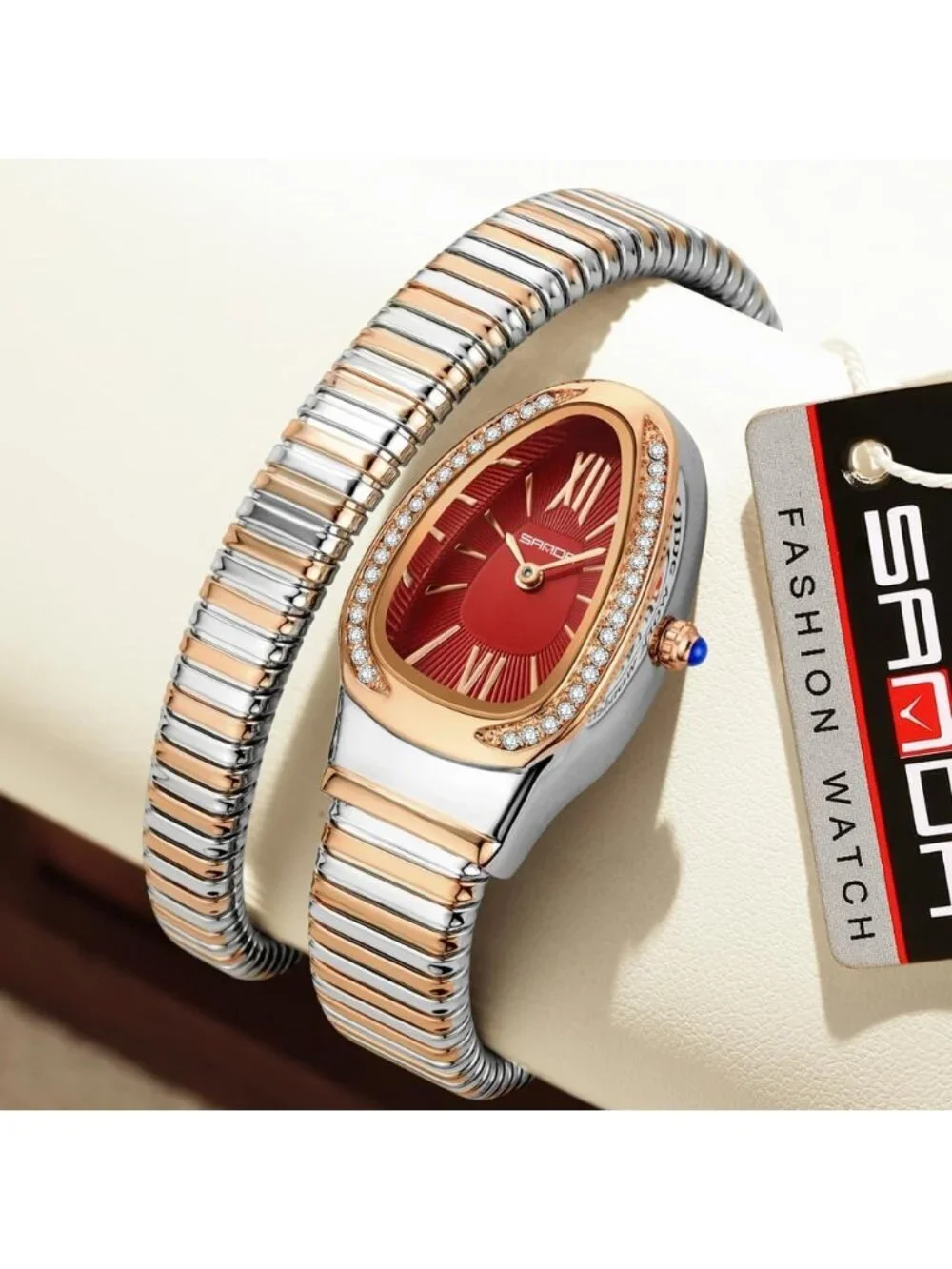 Women's Rose Red Silver Elegant Wrap Around Bangle Fashion Snake Cuff Wristwatch